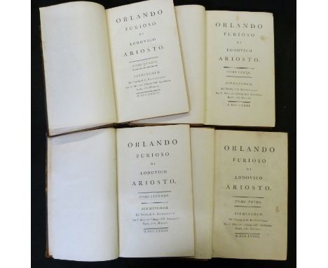 LODOVICO ARIOSTO: ORLANDO FURIOSO, Birmingham, G Baskerville for P &amp; G Molini, 1773, 4 vols, this set with no plates havi