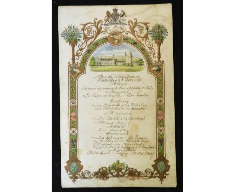 Balmoral Castle Pictorial Menu Card, manuscript menu for Her Majesty's Dinner Saturday 9th June 1888, some soiling, 218 x 138