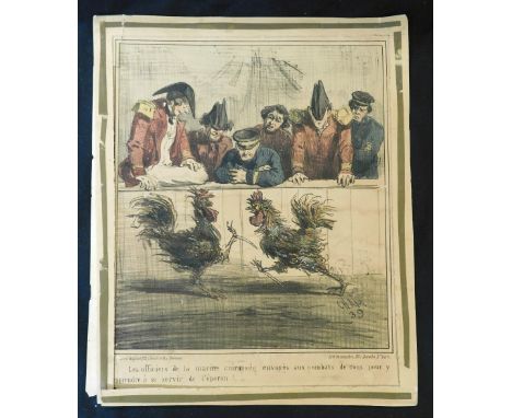 Hand coloured French litho print circa 1839, French Marine officers watching cock-fighting to learn the use of the cutlass, a