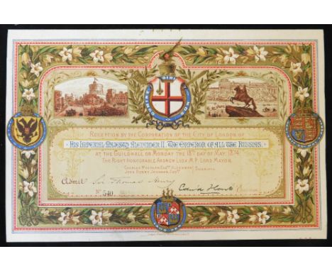 Victorian chromolitho ticket for a reception by the Corporation of the City of London of His Imperial Majesty Alexander II, t