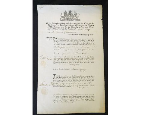 Printed and manuscript notice 1832, Aldergate Overseers of the Poor obtaining an order to return a pauper and his children to