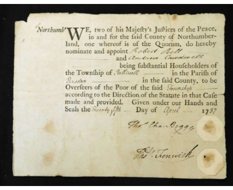 Printed and manuscript appointment of Overseers of the Poor Holliwell [near Whitley Bay] 1787, approx 160 x 205mm
