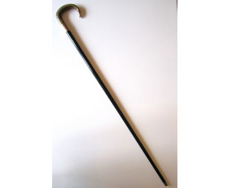 Antique Walking Stick with Horn Handle. Gold or gold plated mount and collar, ebonised shaft and brass ferrule. Presented to 