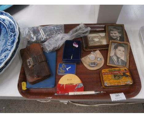 tray of collectables inc beads, vintage tin and oriental comb etc