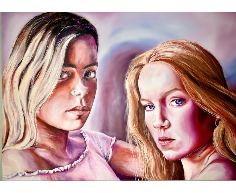 840x590mm. Unframed. Oil on canvas. ARTIST STATEMENT: This painting captures my two close friends, Jodie, and Elise. Warm and