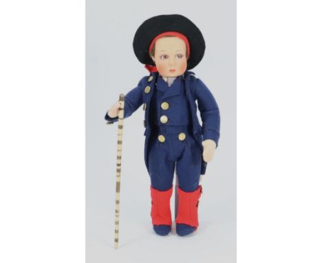 Italian Lenci Mascot felt boy doll in regional ‘Guar Maggiore’ costume, with painted brown side glancing eyes, with white dot