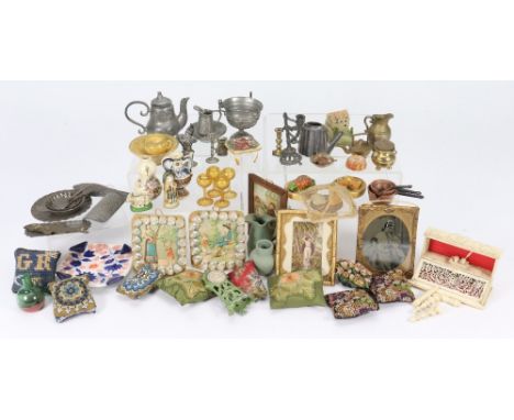 Miniature Dolls House accessories, to include bone writing desk with pierced decoration, ink wells and feather quill, 3” (7.5