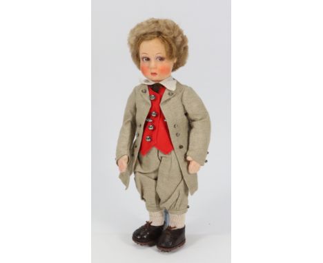 Italian Lenci Mascot felt boy doll in regional walking costume, with painted brown side glancing eyes, with white dot, shaded