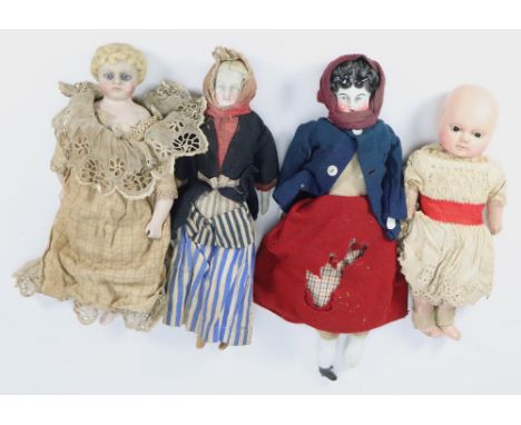 Four various early German dolls, 1860s-70s, including all original Parian-type shoulder head doll with painted features, moul