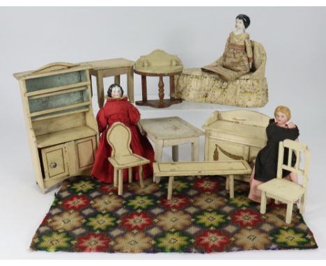 Painted cream wooden Dolls House furniture, 1920s, kitchen dresser, 7 ½” (19cm) tall, two tables, sideboard, bench, washstand