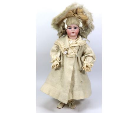A Simon & Halbig 1079 bisque head girl doll in original clothes, German circa 1910, with weighted blue glass eyes, raised fea