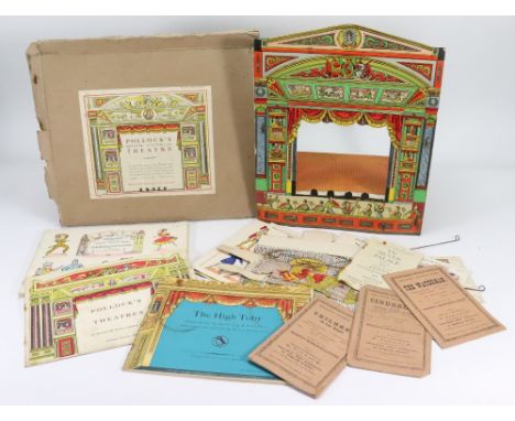 A Benjamin Pollocks Toy Theatre and scenery, fold out printed card theatre in original card case with unused The Silver Palac