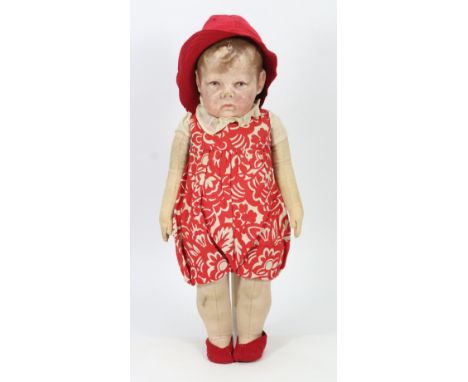 *‘Kurti’ a Kathe Kruse Doll 1 cloth doll with provenance, German circa 1925, the moulded muslin head with oil painted feature