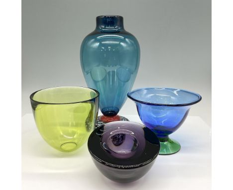 Vibrant colored glass from Orrefors (marked) includes lime green bowl 4", purple votive 2.5" and green stemmed blue bowl 4". 