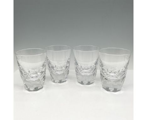 Clear crystal tumbler with cut base. Set includes 4 glasses. Orrefors mark. 6719401. Two original boxes included, each: 7.5"L