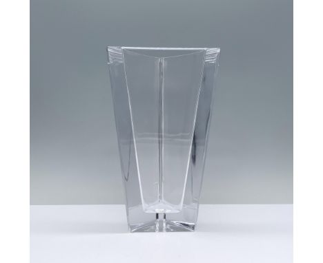 Clear with sleek, flat faces at each corner. Orrefors manufacturing sticker. Orrefors backstamp. Dimensions: 4.5"L x 4.5"W x 