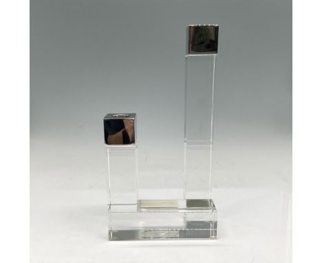 Clear crystal two column holder with stainless steel tops. Orrefors backstamp. This item has its original box: 7.5"L x 12"W x
