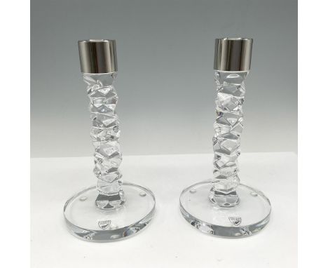Stunning crystal designed into diamond stem with metal holder at top and round crystal base. Orrefors mark. This item has its