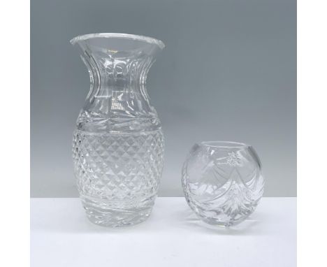 A Glandore Waterford vase adorned with a diamond-cut pattern, delicate foliage motifs, and elegant rounded indents at the nec