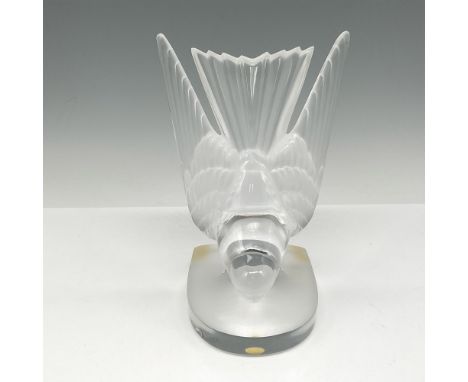 Lovely handmade frosted clear crystal bird motif. Lalique France etched mark. This item has its original box: 8"L x 6"W x 4.5