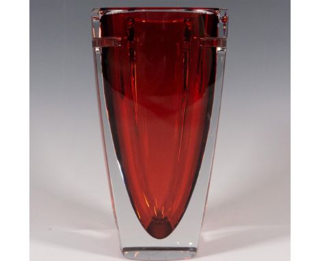 A clear 7-inch vase with a conical ruby-red glass interior and four deep horizontal cuts on the top corners. Waterford engrav