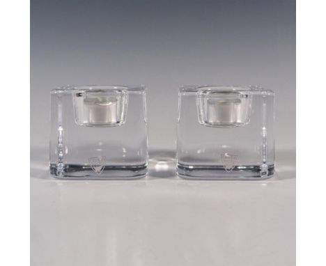 Duo of thick clear crystal cubic shapes, includes tealights, certificates and the original boxes, dimensions: 4''L x 4''W x 3