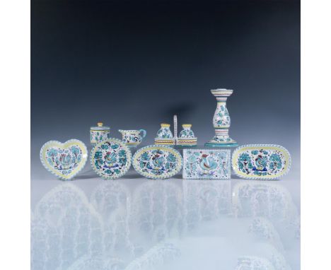 A beautiful hand decorated majolica style set featuring a green rooster. Includes a candlestick, a creamer, a covered sugar b
