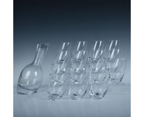 Tall elegant glass decanter with stopper 11"H x 4.25" dia. Nine clear beverage glasses 5"H x 2.75" dia. Six rocks glasses 3.5
