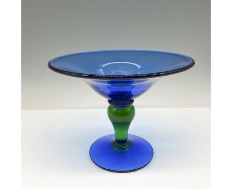 Lovely wide blue bowl connecting to emerald, green stem continuing to blue base. Orrefors mark. Artist: Erika LagerbielkeIssu