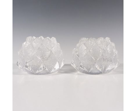 Textured clear crystal duo, resembles to a lotus flower. Orrefors etched backstamp. Artist: Berit JohanssonIssued: 21st centu