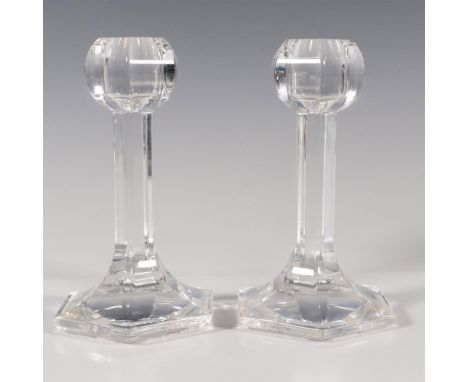 Duo of clear crystal with hexagonal base and globe holders. Orrefors etched backstamp. Dimensions: 5''H x 3''dia, EachManufac