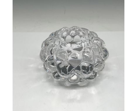 Crystal bubble design with smooth center for holder. Orrefors mark. This item has its original box: 4.5"L x 4.5"W x 3"H. Issu