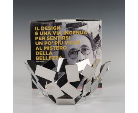 A sleek and modern silver-colored fruit holder crafted from connected rectangles, featuring a sturdy hexagon base. Alessi bac