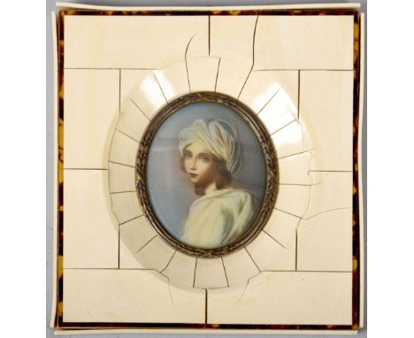 D Miniav - oval portrait of a Beatrice Cenei wearing a turban, signed, oil on ivorine, simulated ivory framed, 2.5in x 2in.