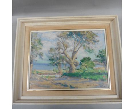 William Crawford Crawford 1954 - Rivera coastline, signed and dated, oil on panel, framed, 13in x 17.5in.