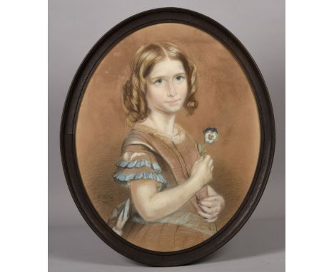S Sidley 1856 - portrait of a young girl holding a pansy in her right hand, signed and dated, watercolour and chalk, oval fra