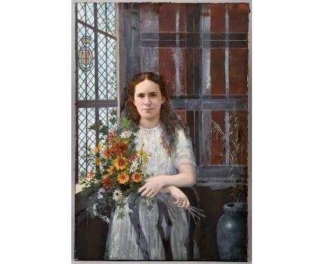 Margaret Murray Cookesley 1902 - portrait of a young lady carrying a bouquet of summer flowers, unframed, oil on canvas, 27in