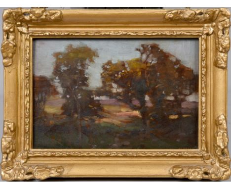 Arthur Ernest Vokes - landscape with trees in foreground, signed, oil on panel, framed, 6in x 9in.