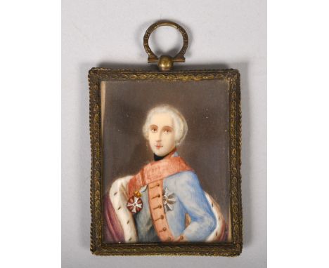 A 19c portrait miniature on ivory with ermine cloak, framed, 2.75in x 2in.