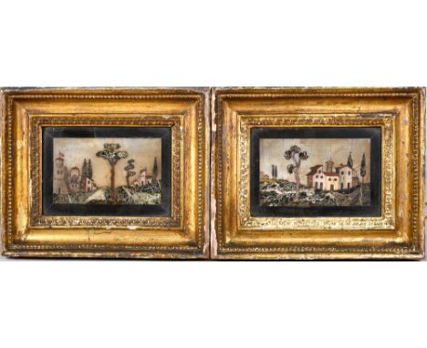 A pair of late 18c/early 19c Italian Pietre Dura and specimen marble panels of rectangular form, each depicting fortified hou