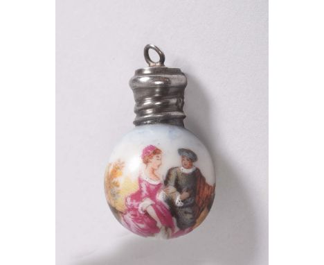 A miniature ceramic scant bottle pendant of globular form painted with the scene of a lady and gentleman, silver fittings.