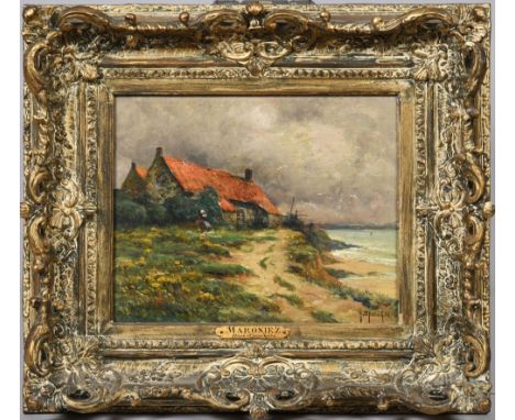 Georges Philibert Charles Maroniez 1865/1933 - red tile cottages on a cliff top, signed, oil on panel, framed, 8.25in x 10.25