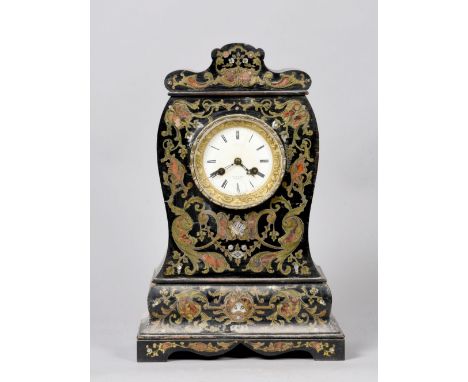 A mid 19c French mantel clock in boullework type case with black ebonised ground inlaid with cut brass and mother of pearl. T