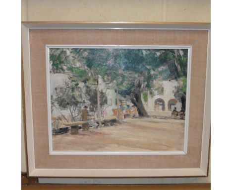In the manner of William Crawford Crawford - cafe under the trees, unsigned, oil on panel, 13.5in x 17.5in.