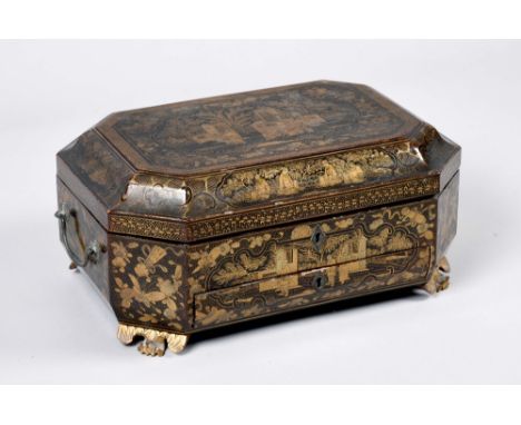 A 19c Oriental black lacquered and gilt decorated needlework box with fitted compartments in a lift out shelf and containing 