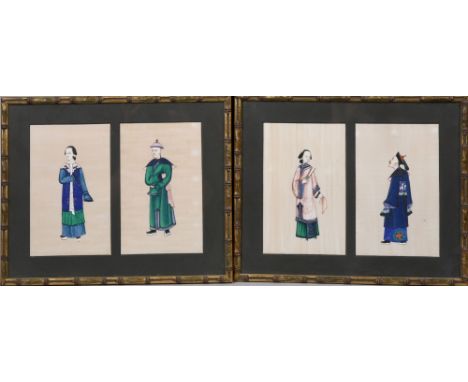 A series of four Oriental paintings on silk panels featuring two ladies and two gentlemen, framed and glazed as two pairs, ea