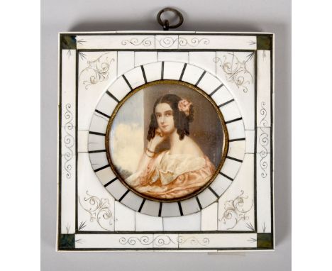 Shelor - circular miniature portrait of a lady with ringlets in her hair, signed, ivory panel framed, 3in diam.