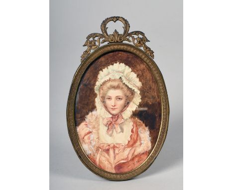 T Pline - portrait of a lady wearing a bonnet with bow, miniature watercolour, signed, oval framed in brass easel frame, 4.5i