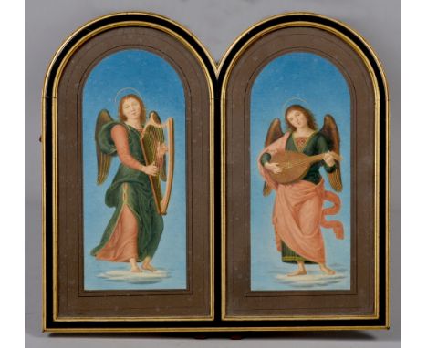 Unsigned 19c - a pair of musical angels, one with harp, the other mandolin, watercolours, in a double arched easel frame, eac