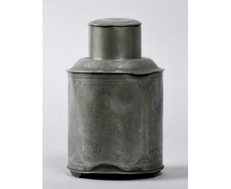 An early 19c Chinese tea caddy of cylindrical form, incised with panels of exotic birds in foliate settings, with lift off co